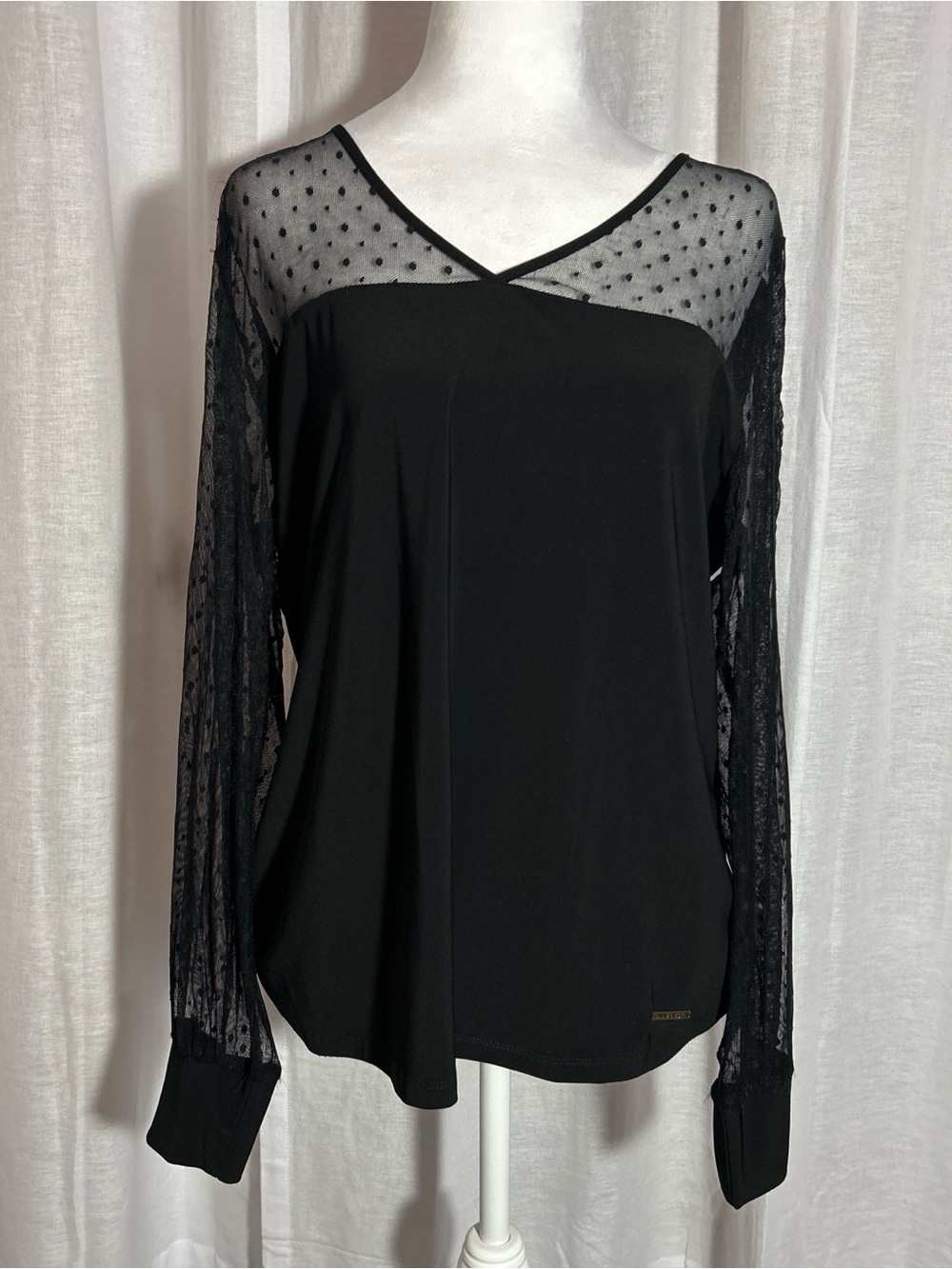 Nine West Black Sheer Mesh Yoke & Lace Sleeve Long-Sleeve Top